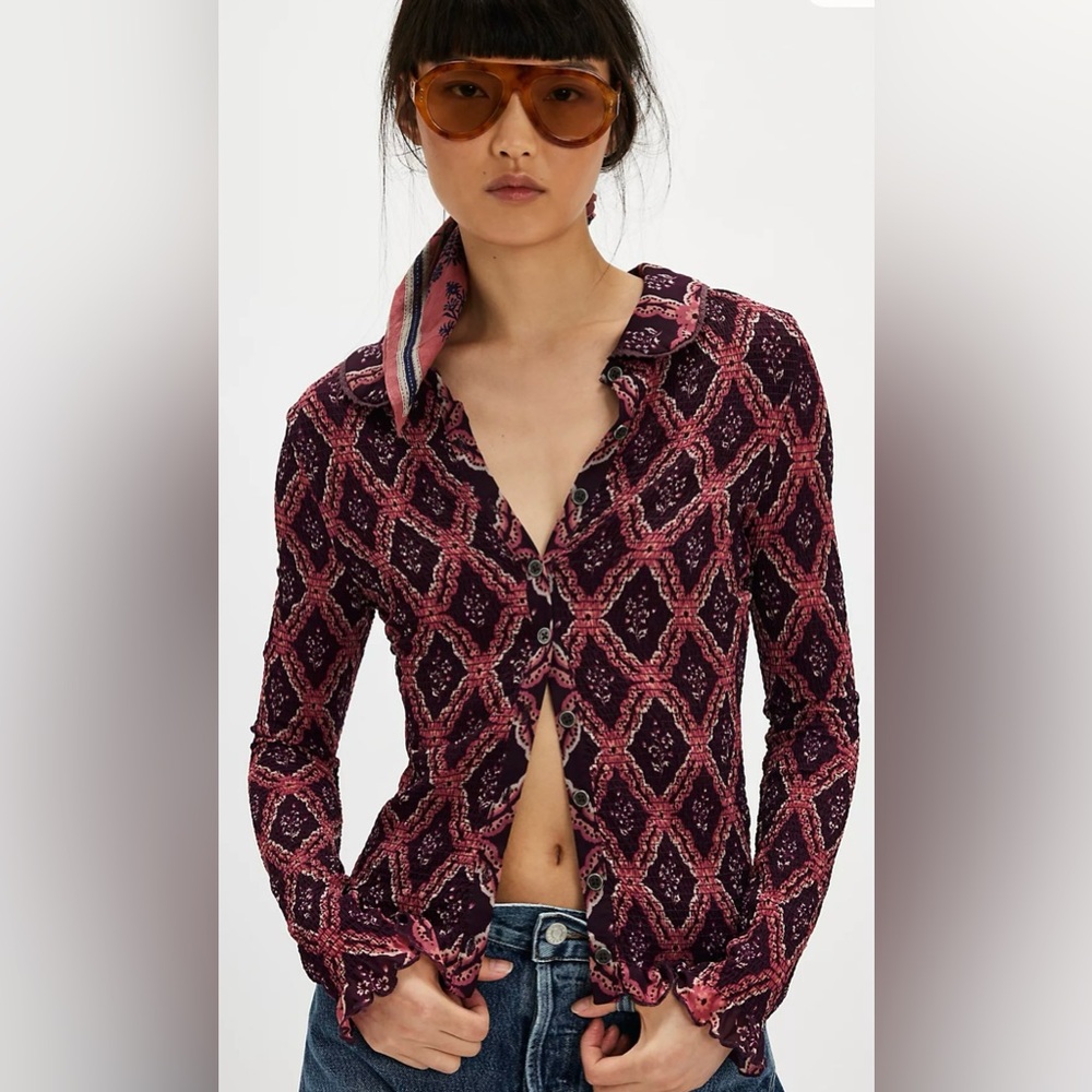 Free People Caught A Feeling Cardi Chocolate Combo NWOT Button Up Blouse - Large